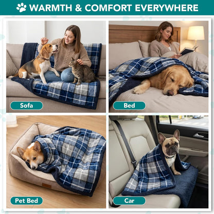Dog Blanket for Medium Small Pet Cat Puppie, 60X40, Plaid Navy Blue | 460 GSM, Soft Sherpa Fleece Throw, Reversible Plush Couch Cover Protector Crate Carrier Sofa Bed Car Seat, Machine Washable