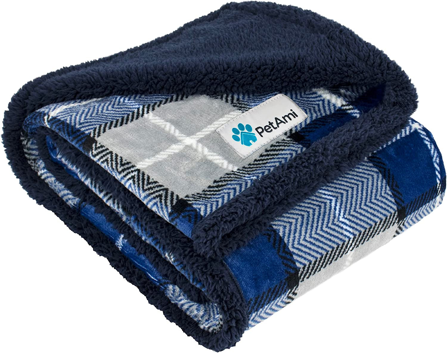Dog Blanket for Medium Small Pet Cat Puppie, 60X40, Plaid Navy Blue | 460 GSM, Soft Sherpa Fleece Throw, Reversible Plush Couch Cover Protector Crate Carrier Sofa Bed Car Seat, Machine Washable