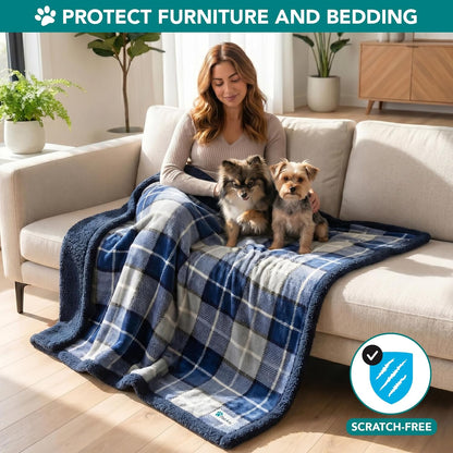 Dog Blanket for Medium Small Pet Cat Puppie, 60X40, Plaid Navy Blue | 460 GSM, Soft Sherpa Fleece Throw, Reversible Plush Couch Cover Protector Crate Carrier Sofa Bed Car Seat, Machine Washable