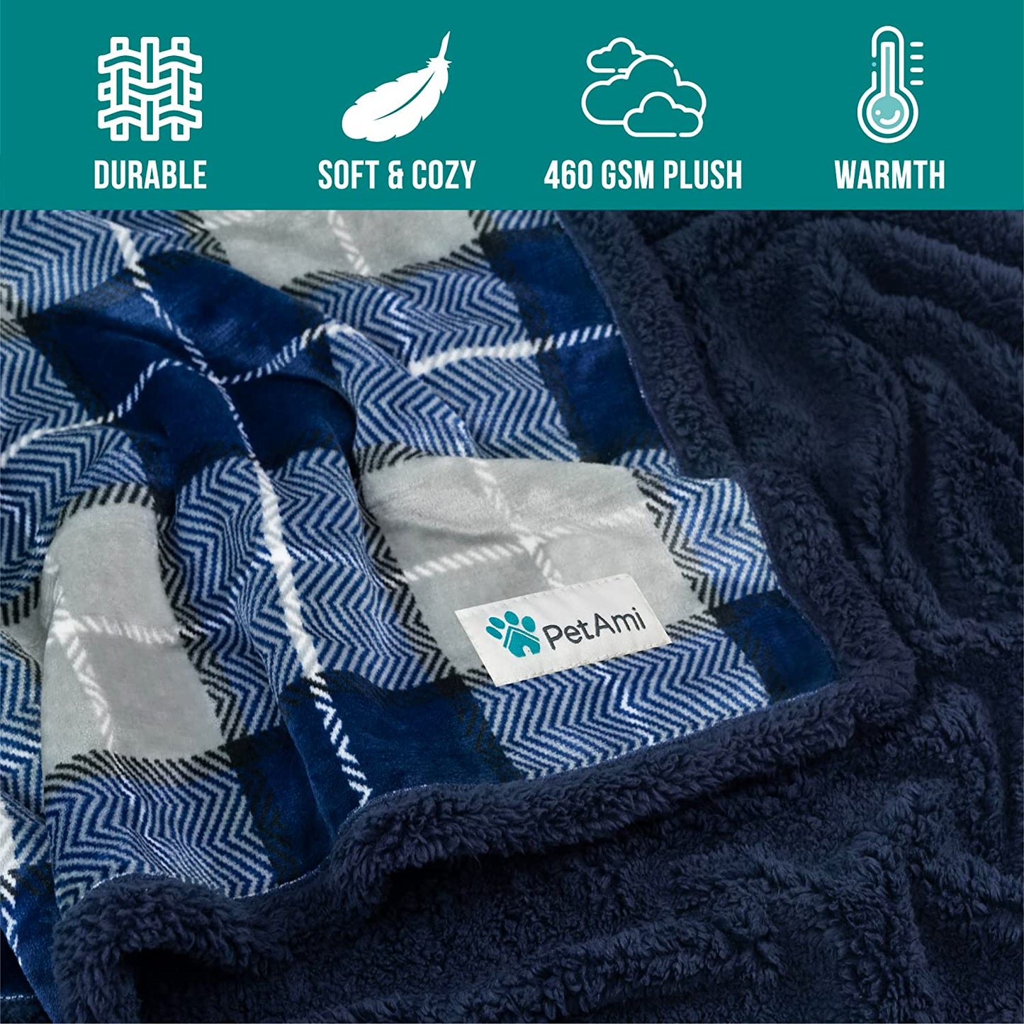 Dog Blanket for Medium Small Pet Cat Puppie, 60X40, Plaid Navy Blue | 460 GSM, Soft Sherpa Fleece Throw, Reversible Plush Couch Cover Protector Crate Carrier Sofa Bed Car Seat, Machine Washable